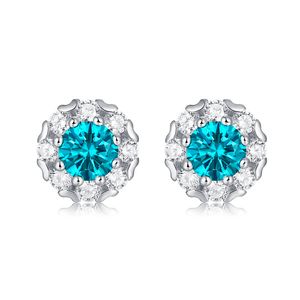 Passe Diamond Test Women 925 Sterling Silver Gold Plated Round Blue Moissanite örhängen Halsband Bling Diamond Studs örhängen Trevlig gåva