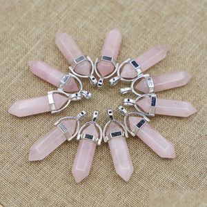 Ciondoli Pietra naturale Quarzo rosa Colonna esagonale Pilastro Pendenti con ciondoli per fai da te Accessori per gioielli da donna Nuovo design Collane Drop De Dhcuy