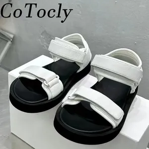 Genuine Sandals Flat Women Black White Leather Summer Shoes Ladies Peep Toe One Strap Roman Sandalia 289 34560 66949