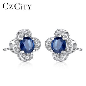 Brincos Czcity Blue Sapphire Gemstone 925 Sterling Silver Flower Brincos para mulheres Jóias elegantes de casamento de moda da moda