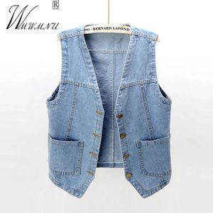 Модные джинсовые жилеты с v-образным вырезом, женские весенне-летние короткие куртки без рукавов, повседневные однобортные джинсовые жилеты Chaleco, большие размеры 240118