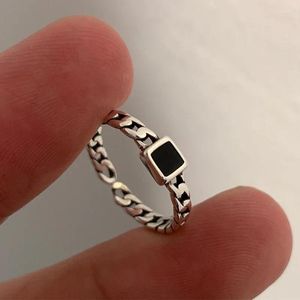 Cluster Ringe 925 Silber Ring für Frauen Mädchen Kette Schwarz Quadrat Achat Stein Retro Party Anillos Feine Schmuck Geschenk Einstellbare Zubehör