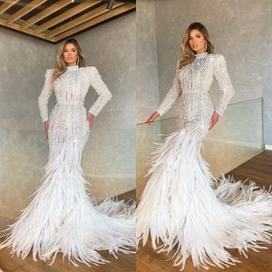 Gorgeous Women Mermaid Evening Dresses High Neck Long Sleeves Prom Gowns Pearls Feather Sweep Train Dress For Party Custom Made Robe De Soiree