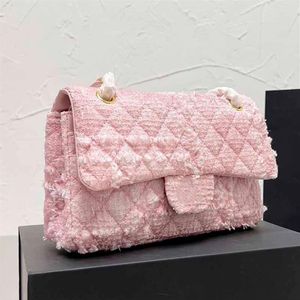 Женские мини-клапаны через плечо, 25 см, дизайнерские сумки из розового и белого твида, разноцветные классические сумки, золотистые металлические цепочки, контрастные 252 г