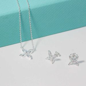 Designer Brand High version Tiffays petal four diamond necklace womens pure silver 925 simple and fashionable earring set