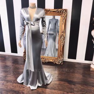 Silver Deep V Neck Long Sleeve Mermaid aftonklänningar Ruched Bow Tie Sweep Train Formell Party Prom Gown BC5982