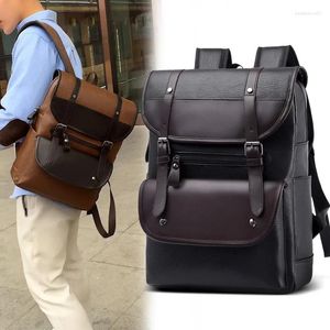 School Bags Men Backpack Leather Bagpack Large Laptop Backpacks Male Mochilas Retro Schoolbag For Teenagers Boys Patchwork Color Brown Black