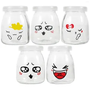 Lagringsflaskor 5st 150 ml ansikte pudding flaskglas värmebeständig yoghurtbehållare mjölk kopp geléburk (slumpmässigt mönster)