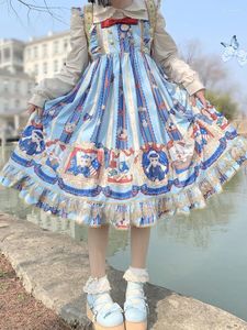 Casual Dresses Kimokokm Vintage Ruffled kawaii tecknad björntryck ärmlös båge prinsessa camisole klänning japansk girly lolita jsk