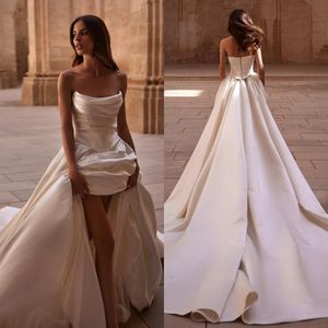 Milla nova sukienka linii bez ramiączki satynowe sukienki ślubne bez pleców Pleato de novia suche projektant projektantów ślubnych sukien ślubnych