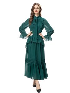 Female Spring High Quality Fashion Party Elegant Green Sunscreen Vintage Extravagant Chic Pretty Long Sleeved Dresses For Women