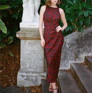 Designerklänning, retro Silk Veet French Red Leopard Print, ärmlös båthals Slim Fit Dress
