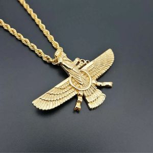 New Men Hip Hop Iran Faravahar Ahura Mazda Zoroastrian Pendant Necklace 14k Yellow Gold Men Jewelry