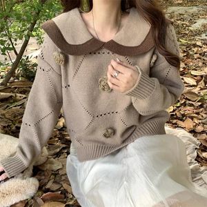 Suéteres femininos Coreano Doce 3D Floral Pulôver Mulheres Camisola 2024 Moda Boneca Collar Oco Out Malha Tops Causal Loose Knitwear Pull