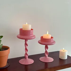 Portacandele Moderno Candeliere in vetro rosa dolce Tealight semplice Ornamenti per stand per feste di nozze Decorazioni per la tavola di casa