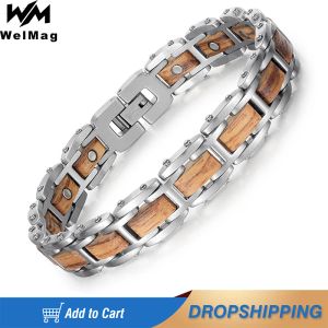 Bracelets Welmag Men Women Bracelet Homme Natural Wooden Stainless Steel Bracelet Healthy Bio Energy Healing Magnetic Bracelet