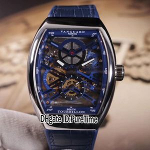 New Men's Collection Vanguard V45 Steel Case Blue Inner Skeleton Dial Tourbillon Automatic Mens Watch Blue Leather White Line224u