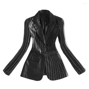 Women's Suits 2024 Spring Autumn Women Blazers Black Stripe Spliced Leather Mid Length Slim Fit Fashion Suit Coat