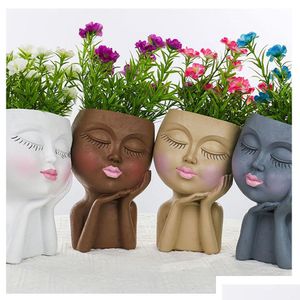 Planters Pots Little Girl Head Succent Plant Flower Pot Floor Simple Character Statue Outdoor Landscape Garden Decoration Portrait Dh03C