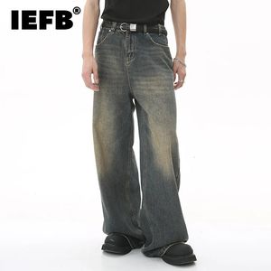 IEFB Calças de brim masculinas vintage moda lavada rua casual perna larga calças jeans verão angustiado solto masculino versátil 9c354 240118