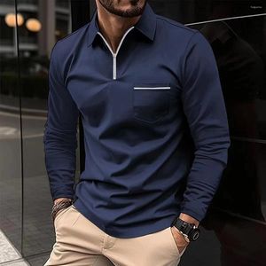 Herren Polos Frühling Herbst Herren Poloshirt Langarm Zippe Pocket Tees Tops Mode Pullover Sport Casual T-Shirt für Herrenbekleidung