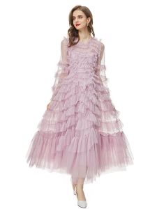 Kvinnors extravaganta nattklubb av hög kvalitet mode lila beige rosa mesh söt vacker fest chic ruffle gentlewoman lång klänning