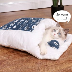 Mattor japansk katt säng vinter borttagbar varm katt sovsäck djup sömn husdjur säng hus katter bo kudde med kudde