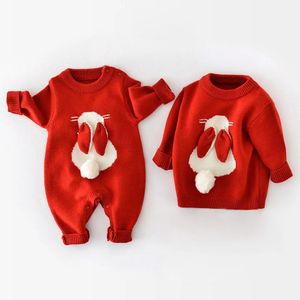 Christmas born Romper Knitted Bunny Fall Winter Baby Jumpsuits for Girls Boys Clothes born Onesie Year Infant Outfit 240119