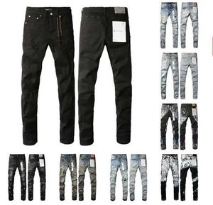 Lila jeans designer mens nya tårar high street märke lapp hål lapptäcke rak smalt mode hip hop lyxsträcka