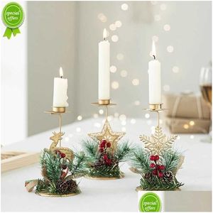 Ljusstakar Nya jul Golden Iron Candle Holder Snowflake Ljusstakdekorationer för hem 2022 Xmas Table Ornaments År 2023 Dh35i