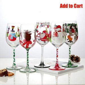 16oz tema de Natal copos de vidro copos pintados à mão Papai Noel boneco de neve rena copo de vinho festa em casa drinkware 240127