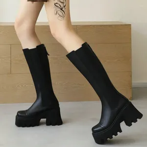 Botas preto senhora outono inverno quente joelho alta moda costura plataforma cavaleiro feminino longo cunha sapatos femininos