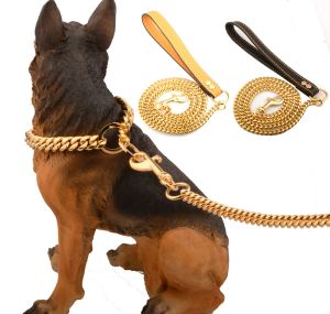 Leashes Stainless Steel Pet Gold Chain Dog Leashes Leather Handle Portable Leash Rope Straps Puppy Dog Cat Training Slip Collar Supplies