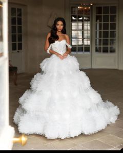 Ruffle Tiered Tulle Princess Wedding Dresses Pluffy Ball Gown Off Sweetheart Corset Ivory Bridal Gown
