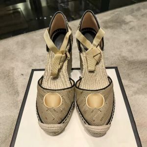 top quality Wedge sandal luxury Dress shoe Designer Woman Coarse high heel shoe summer classic thick platform 2024 New espadrille heels leather lady sandale slipper