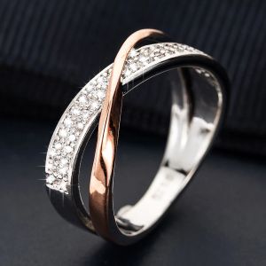 Neue Ankunft Zweifarbige Kreuz Hochzeit 14k Gold Ringe für Frauen Rose Gold AAA Weißer Zirkonia Kristall Verlobungsringe Schmuck Charm Anillos