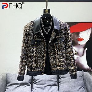 PFHQ patchwork skórzane kurtki dla mężczyzn z długim rękawem Turn-Down Collar Contrast Color Płaszcz Męsk męską 21F3421 240125