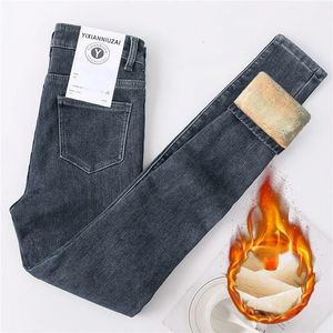 Inverno grosso feminino veludo mulheres cintura alta jeans magros simples lã quente senhoras magro casual denim lápis calças z309 240124