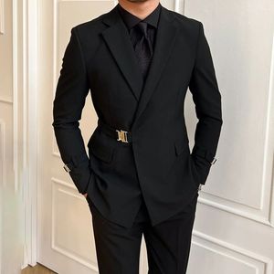 British Style Black Suit Jacket Male Elegant Gentleman Business Casual Professional Formal Dress Body Belt A Double Breasted 240119