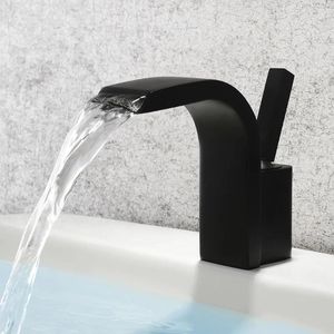 Bathroom Sink Faucets Waterfall Brass Faucet High Quality Copper Wash Basin Tap One Hole Handle Lavabo Cold Water Black