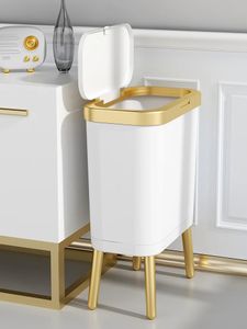 Goldener Luxus-Mülleimer mit großem Fassungsvermögen, 15 l, für Küche und Badezimmer, kreativer Highfoot-Presstyp-Abfallbehälter aus Kunststoff mit Deckel 240119