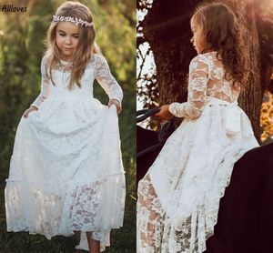 Białe koronkowe sukienki z kwiatami na wesele długie rękawy O Neck Toddler dzieci dziecięce suknie urodzinowe Długość podłogi małe dziewczynki Pierwsza komunia ubrania ubrania Cl3254