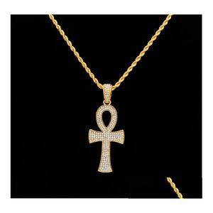 Naszyjniki wisiorek Hiphop Egiptian Ankh Key Key Gold Sier Bling Rhinestone Crystal Crucifix Naszyjnik dla męskiego hip -hop kropla DHNJC