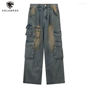 Jeans masculinos calças cargo multi-bolso high street azul lavado calças desgastadas hip-hop perna reta solta