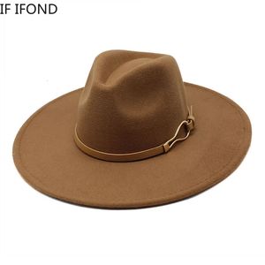 Fedora Hat Women Big Wide Brim 9.5cm Vintage Khaki Felted Jazz Hat Winter Formal Dress Cap Sombreros de Mujer 240125