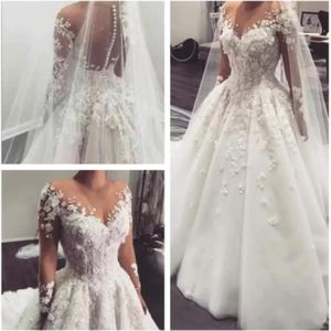 2022 Elegant spetsar en linje bröllopsklänningar arabiska rena ärmar tyll applikation 3d blommig pärlor svep tåg brud bröllop klänning351p