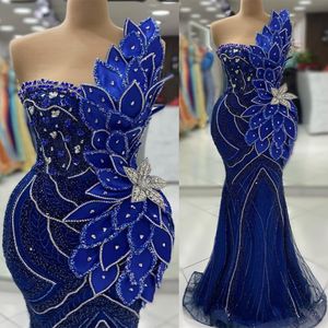 2024 Aso Ebi Royal Blue Mermaid Prom Dress Frisado Cristais Um Ombro Noite Festa Formal Segunda Recepção Aniversário Vestidos de Noivado Vestidos Robe De Soiree ZJ68