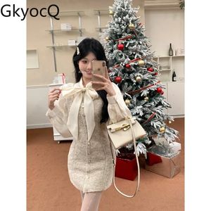 Women's Sets White Lace Up Bow ShirtApricot Waist Retraction Dress Light Luxury Small Fragrance Style Two-Piece Lady's Clothing 240124