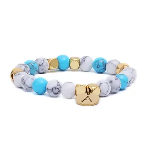 Strand Initial Bracelets For Women Natural Stone Beaded Letter 26 Alphabet Disc Charm Bracelet Jewelry Gifts Girls