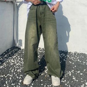 Mäns jeans gröna baggy orolig vintage denim byxor manliga breda ben byxor män streetwear retro överdimensionerad casual hip hop